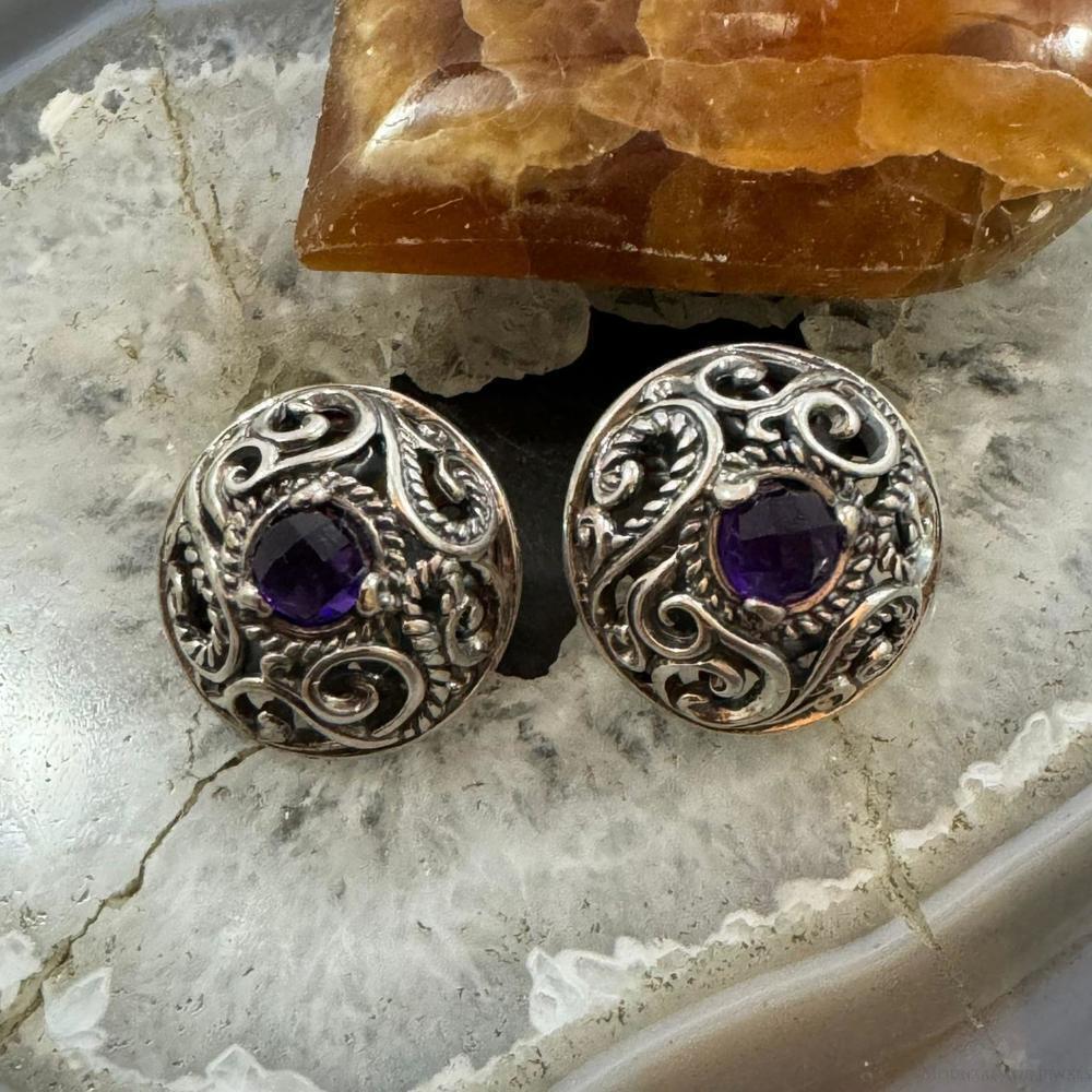 Carolyn Pollack Sterling Amethyst Decorated Safety Clip Stud Earrings For Women